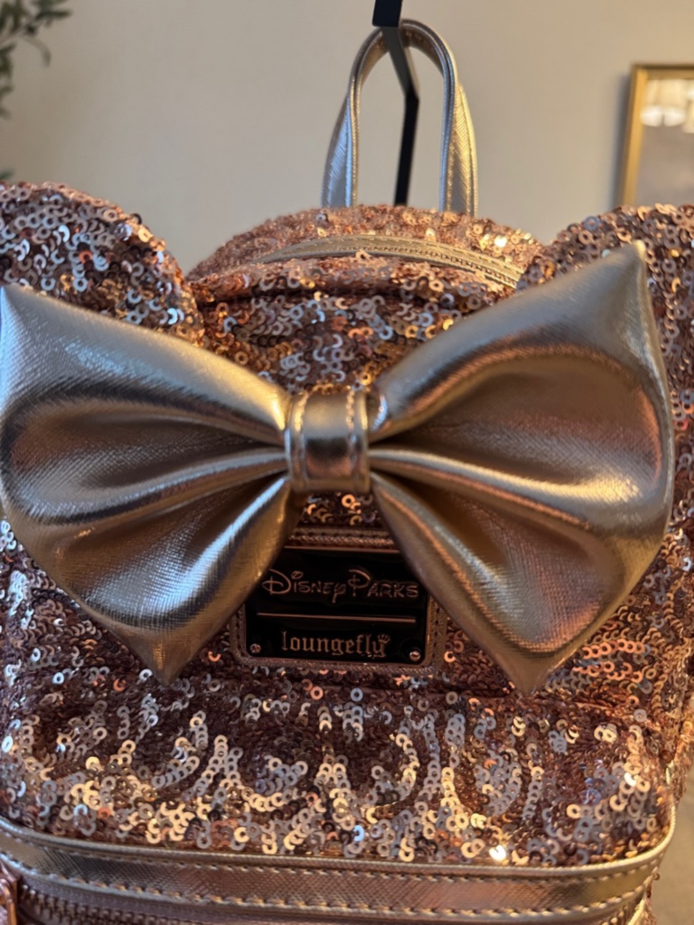 EUC! Loungefly Rose Gold Sequin Mini Backpack with Ears and a Metallic Bow - Picture 4 of 10
